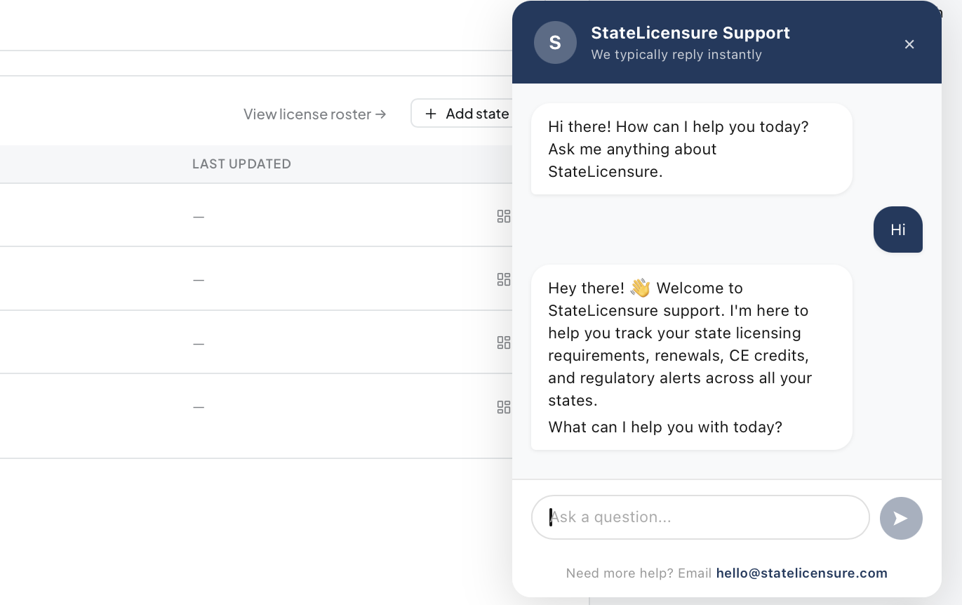 StateLicensure AI support chat