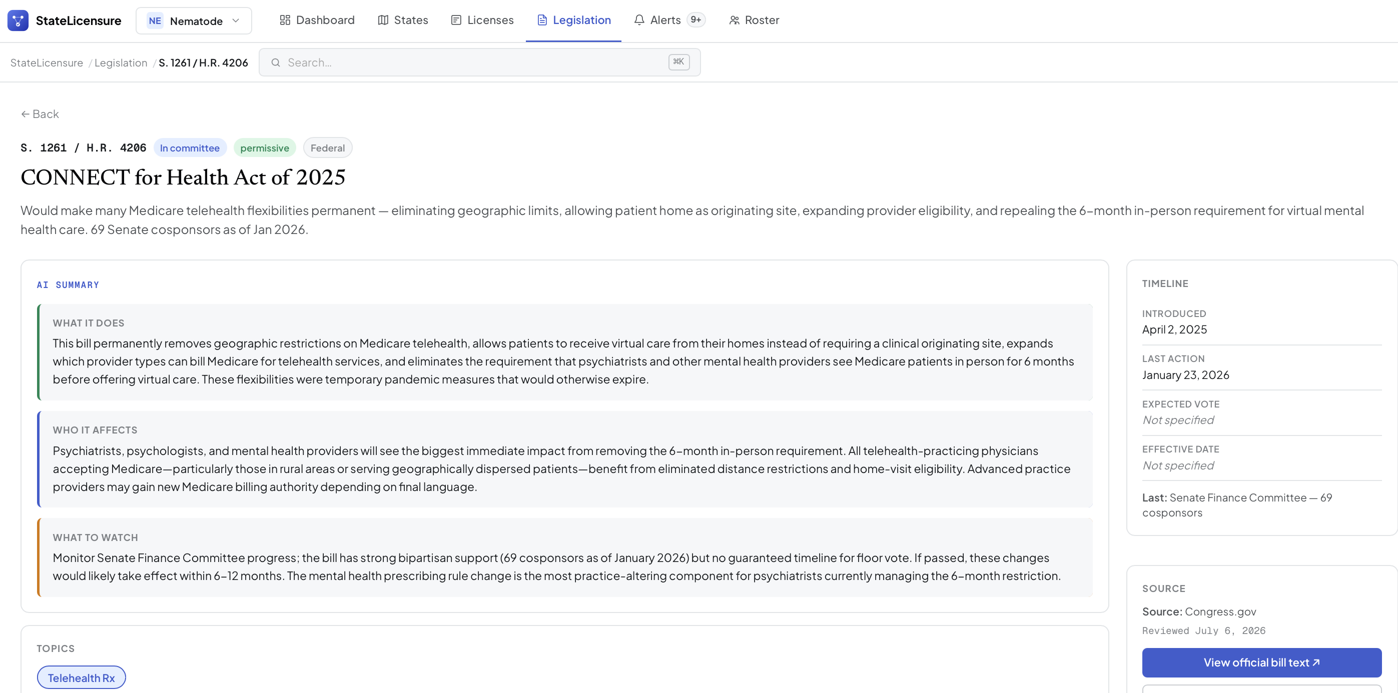 Legislation tracker — federal and state prescribing bills with AI summaries