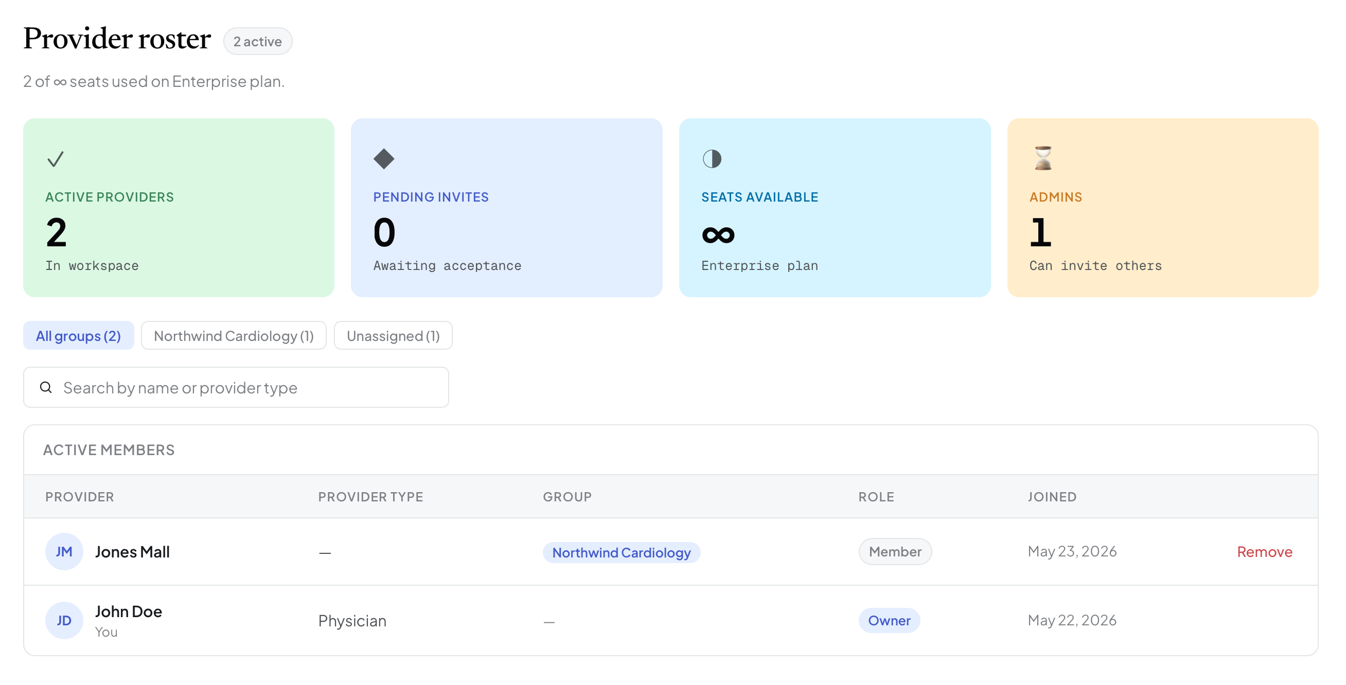 Provider roster — team members with roles and groups