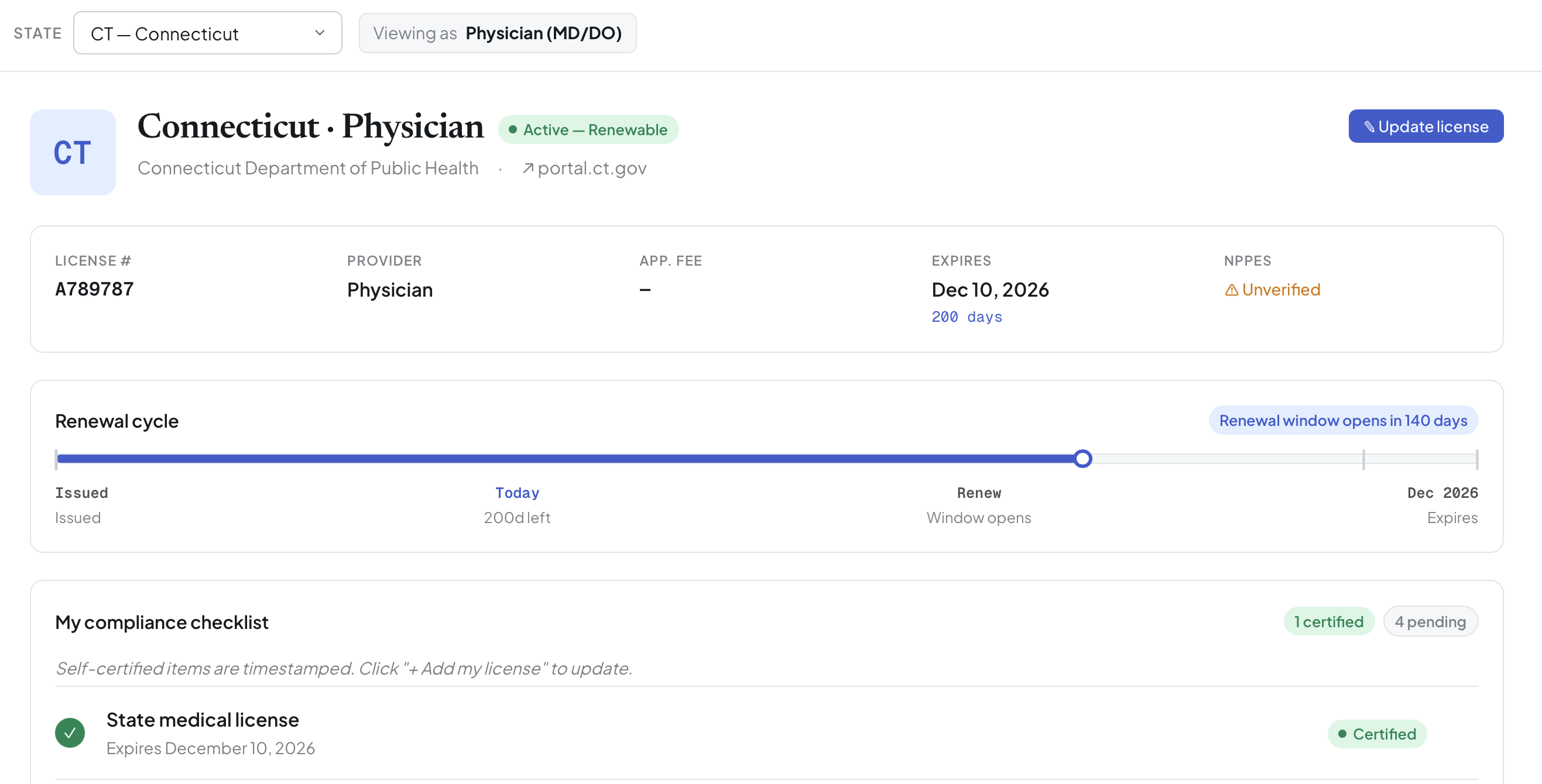 Connecticut physician state detail — renewal cycle, compliance checklist, telehealth rules